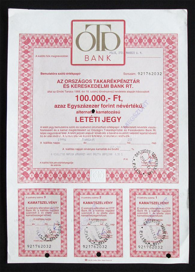 Orsz�gos Takar�kp�nzt�r (OTP) let�ti jegy 100000 forint 1996